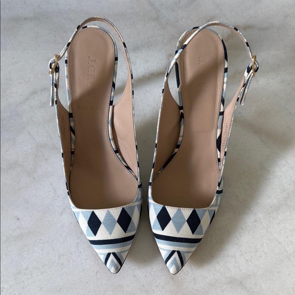 J. Crew Printed Navy and White Geometric Slingback Heels